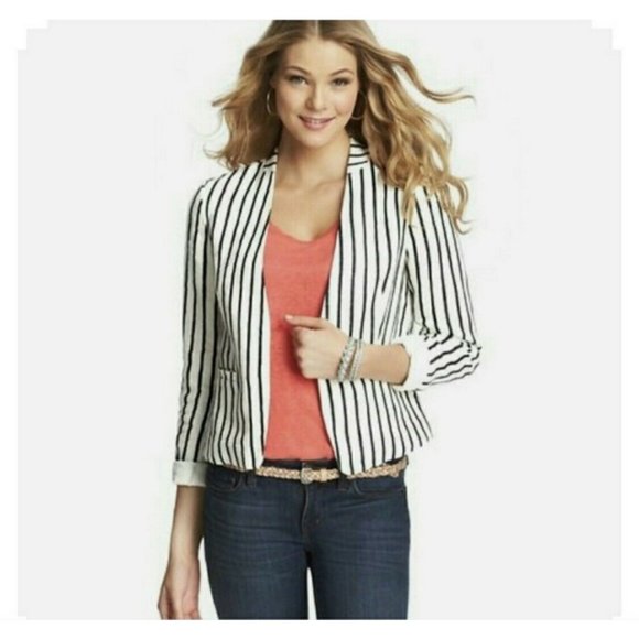 Ann Taylor Jackets & Blazers - Ann Taylor Loft 100% Linen White Black Striped Light Open Jacket Blazer Suit M